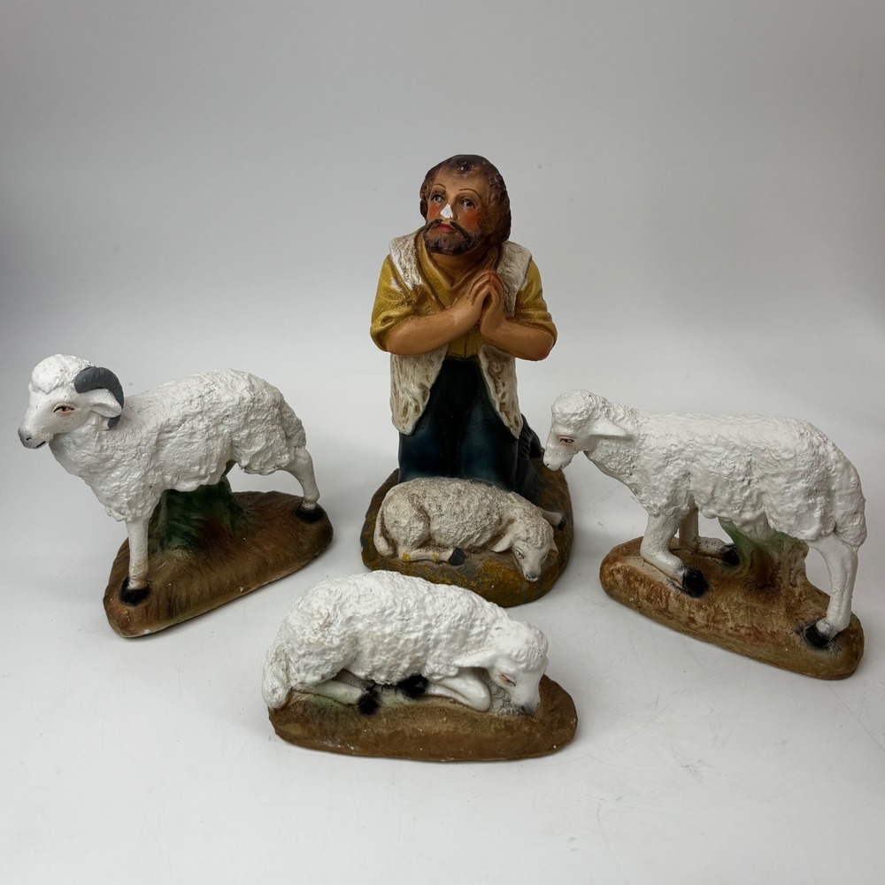 Vintage Plaster Nativity Set Shepherd and Sheep Figurines 4 Piece Christmas